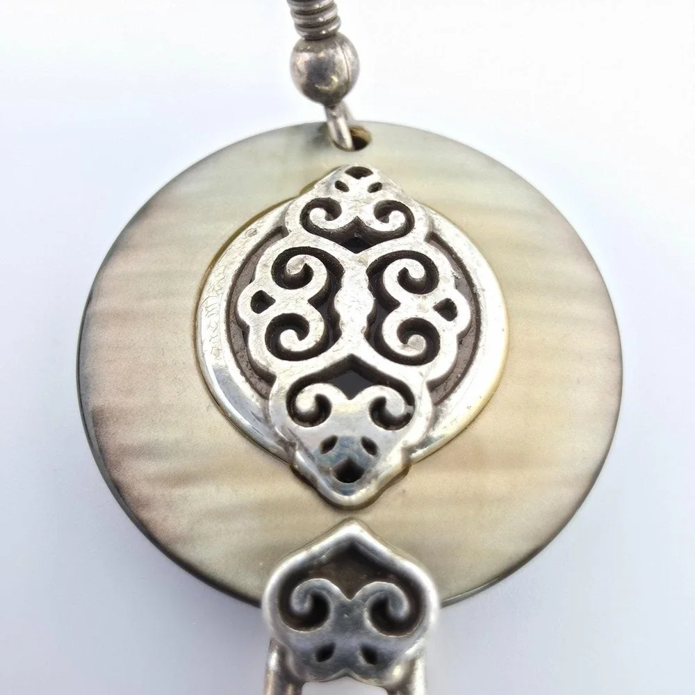 BRIGHTON 'Romano Shell' Earrings Mother Of Pearl Dangle Ornate Silver Plate 2